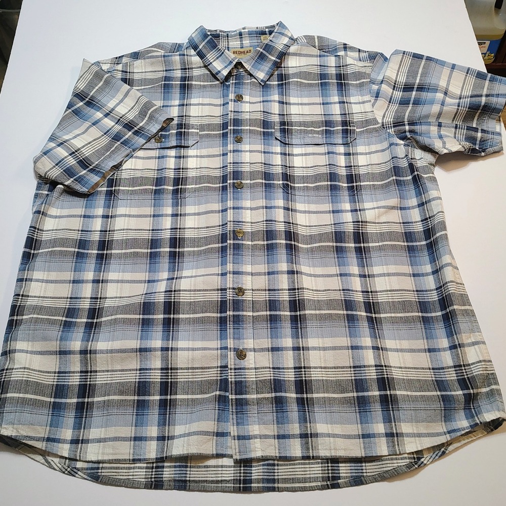 REDHEAD Mens 2TG Plaid Short Sleeve Button Up Shirt Blue White Gray Casual